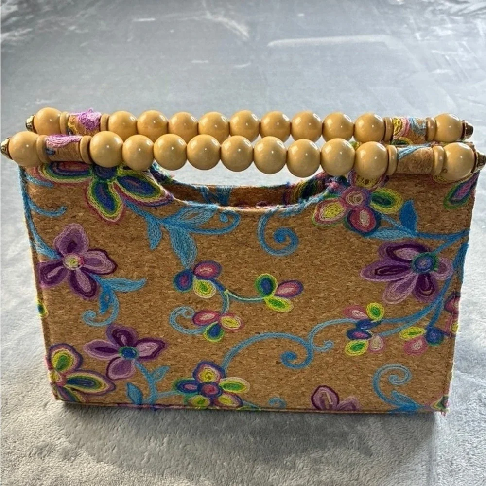 Floral Embroidered Cork Handbag Wooden Bead Top Handle Satchel Tan Multi